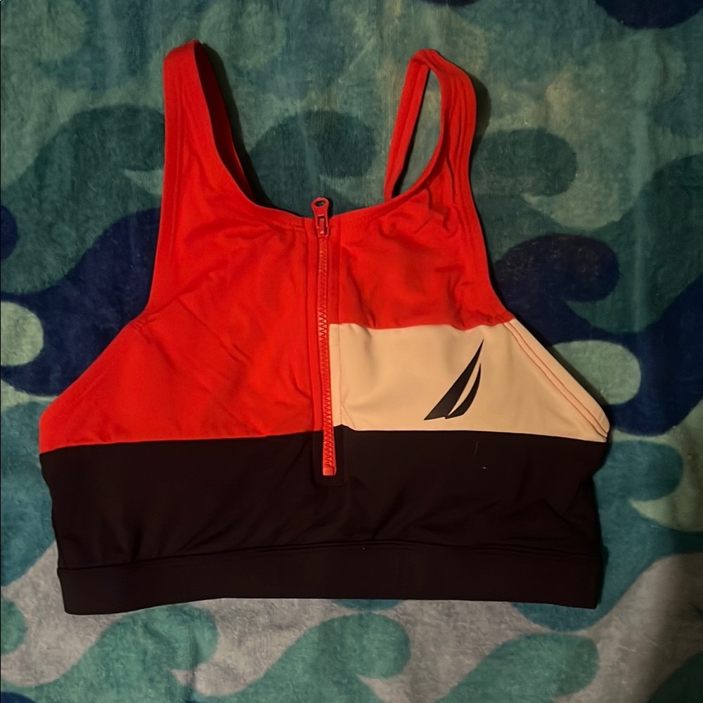 Nautica Red and Black Sports Bra with Colorblock Design